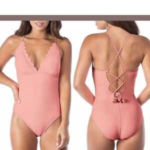 La Blanca Coral Pink Plunging One Piece Swimsuit Size 12 New